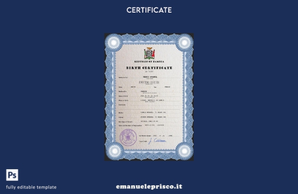 modello PSD del certificato di nascita del documento di stato civile dello Zambi